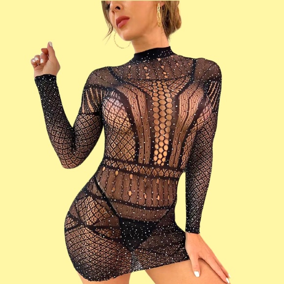 Women's Mesh Lingerie Rhinestone Sexy Long Sleeve Mesh Mini Dress Lingerie. NWT. - Picture 2 of 5